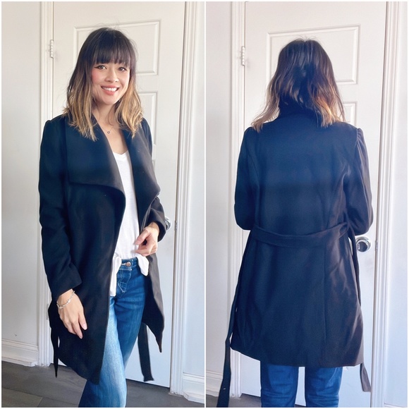 013 Classic Black Wide Collar belted Trench Coat Jacket - Picture 3 of 4